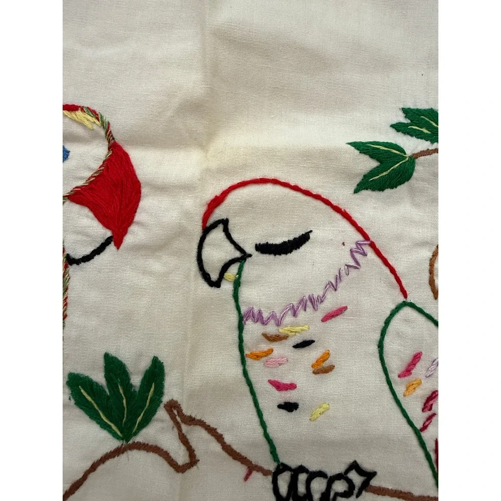 Vintage Hand Embroidered Parakeet Doily DresserScarf Crocheted Edge Cottagecore‎